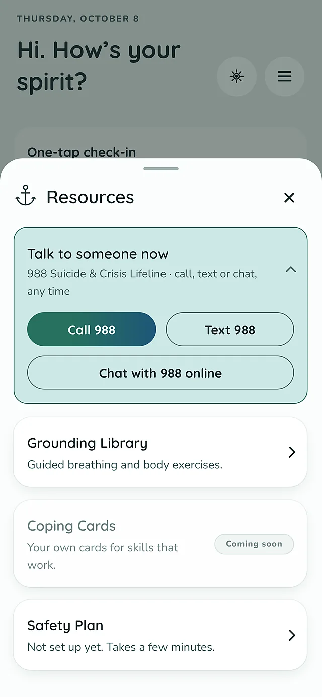 Resources sheet with buttons to call, text, or chat with the 988 Suicide and Crisis Lifeline, plus a grounding library and safety plan