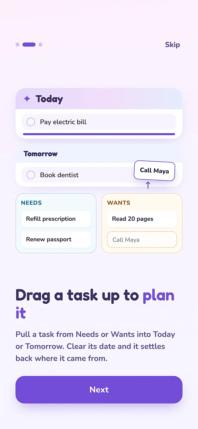Onboarding screen showing a task being dragged from Wants up into Tomorrow, titled Drag a task up to plan it
