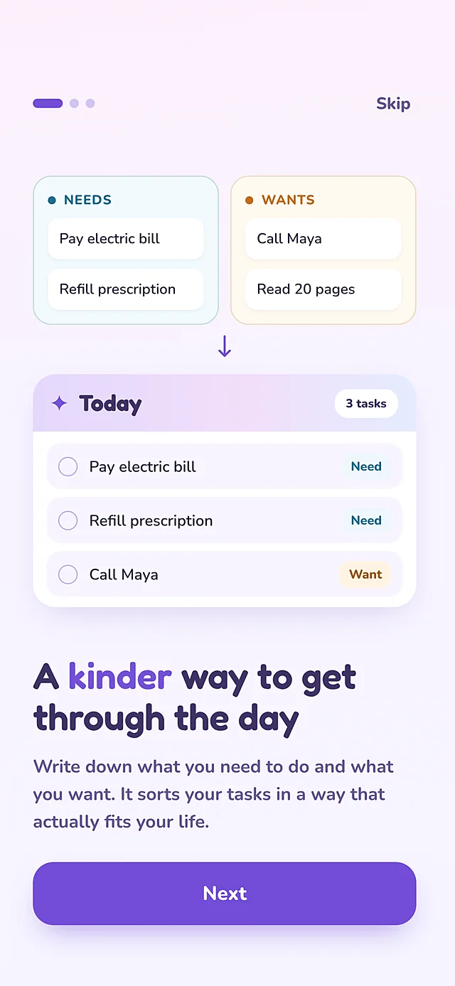 Onboarding screen showing needs and wants flowing into a Today list, titled A kinder way to get through the day