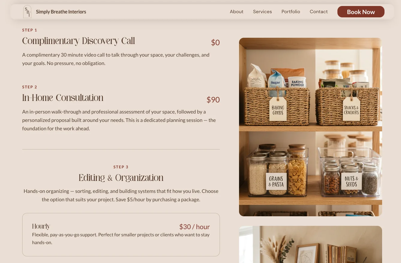 Services page listing three steps, from a complimentary discovery call to hands-on organizing, beside a photo of a labeled pantry
